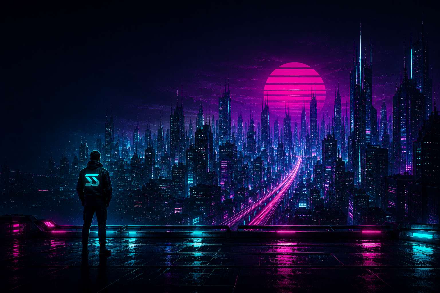 Neon cyberpunk skyline at night with a figure wearing a Shared Synapse jacket